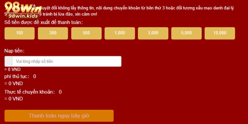 Nạp Tiền 98Win: Hướng Dẫn Cách Nạp Tiền Nhanh Chóng 2026 3 Người chơi điền thông tin để nạp tiền qua ngân hàng